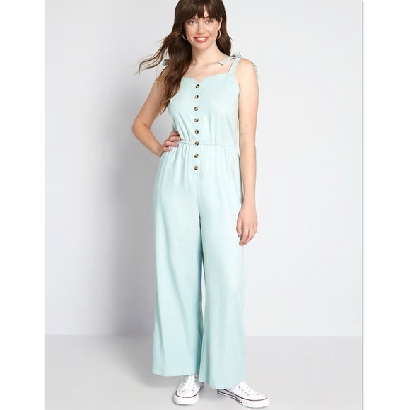 Modcloth Every Waking Momentum Jumpsuit Blue Linen Blend Tie Shoulder S NWT - Picture 1 of 11